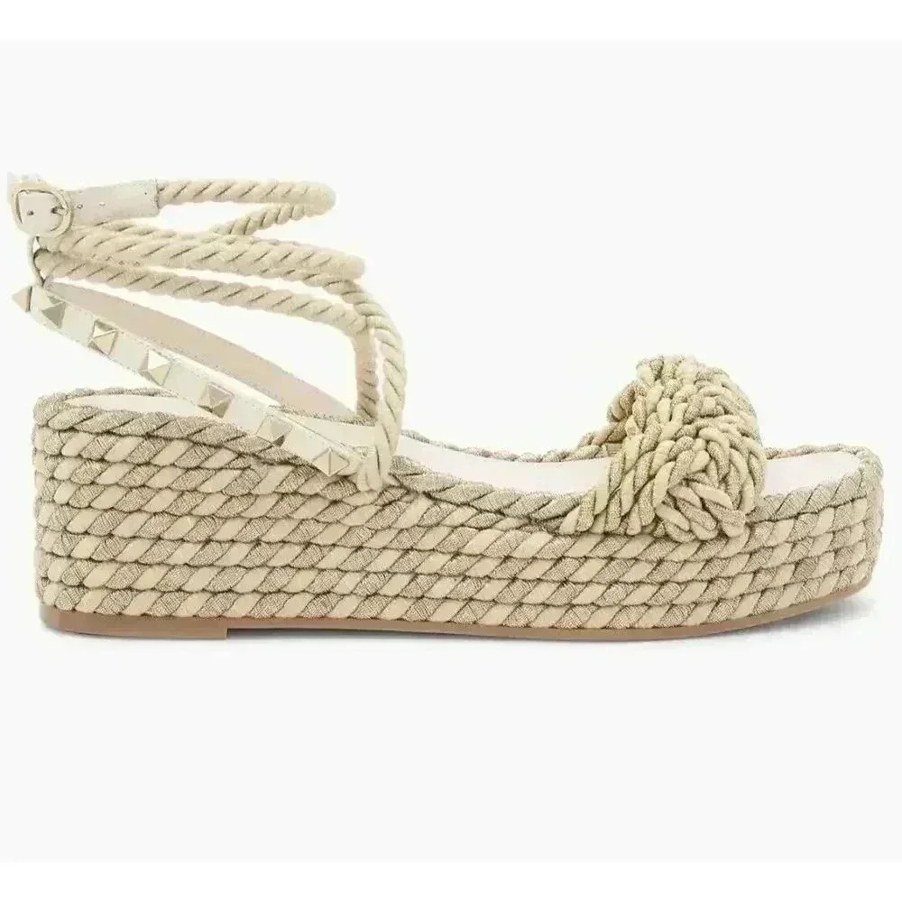 Valentino Garavani Rockstud Platform Sandals Rope Wedge Metallic Braided 40 10